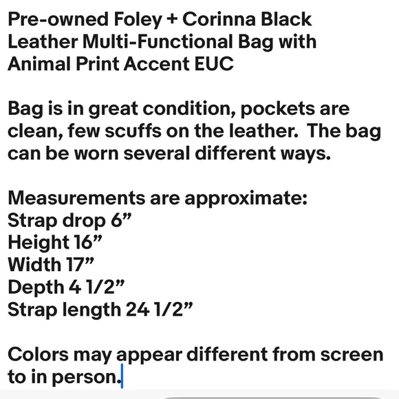 Foley + Corinna Black Leather Multi-Functional Bag with Animal Print Accent EUC - Picture 2 of 16